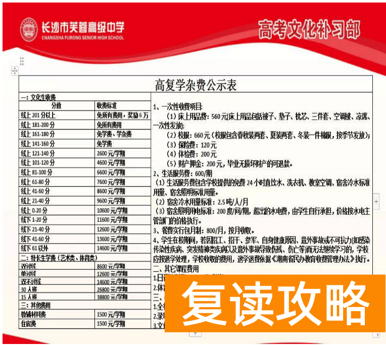 长沙芙蓉高级中学复读收费